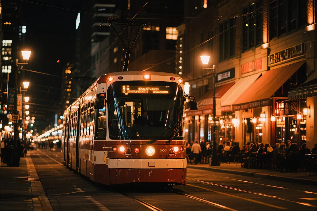 多伦多有轨电车穿行在城市街区，路边餐厅灯光温暖，夜晚观赛旅行氛围
