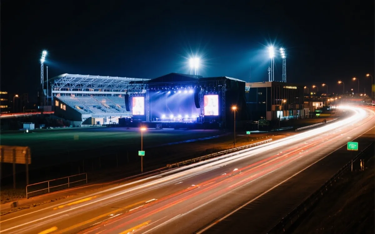 夜间球场灯光与城市交通线条交织的画面，突出淘汰赛阶段跨城追赛与开球时间规划